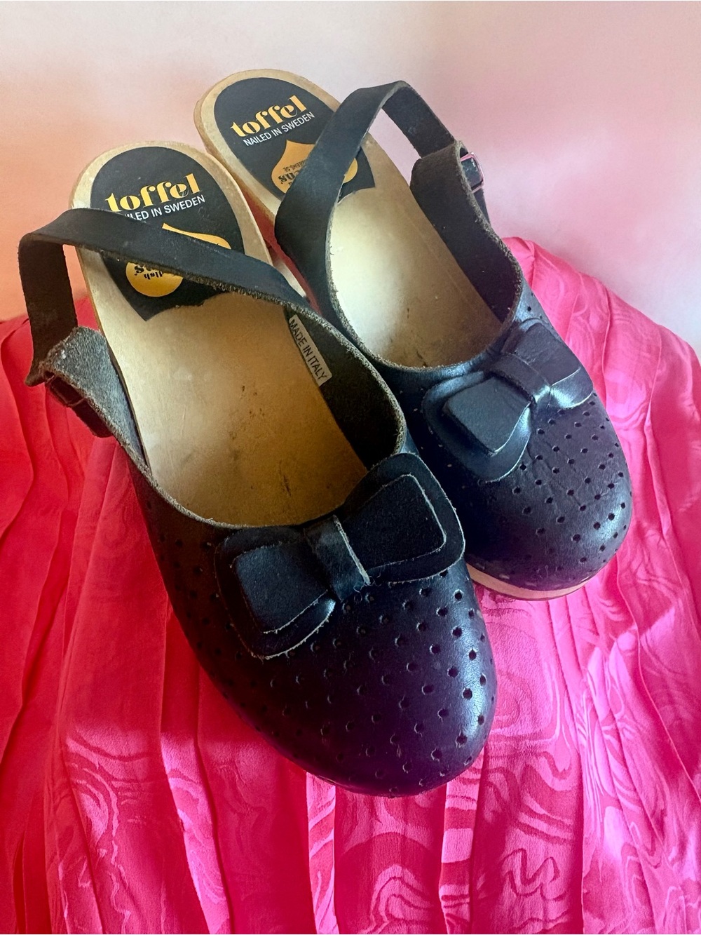 Swedish Hasbeens Black Bow Slingback Clogs